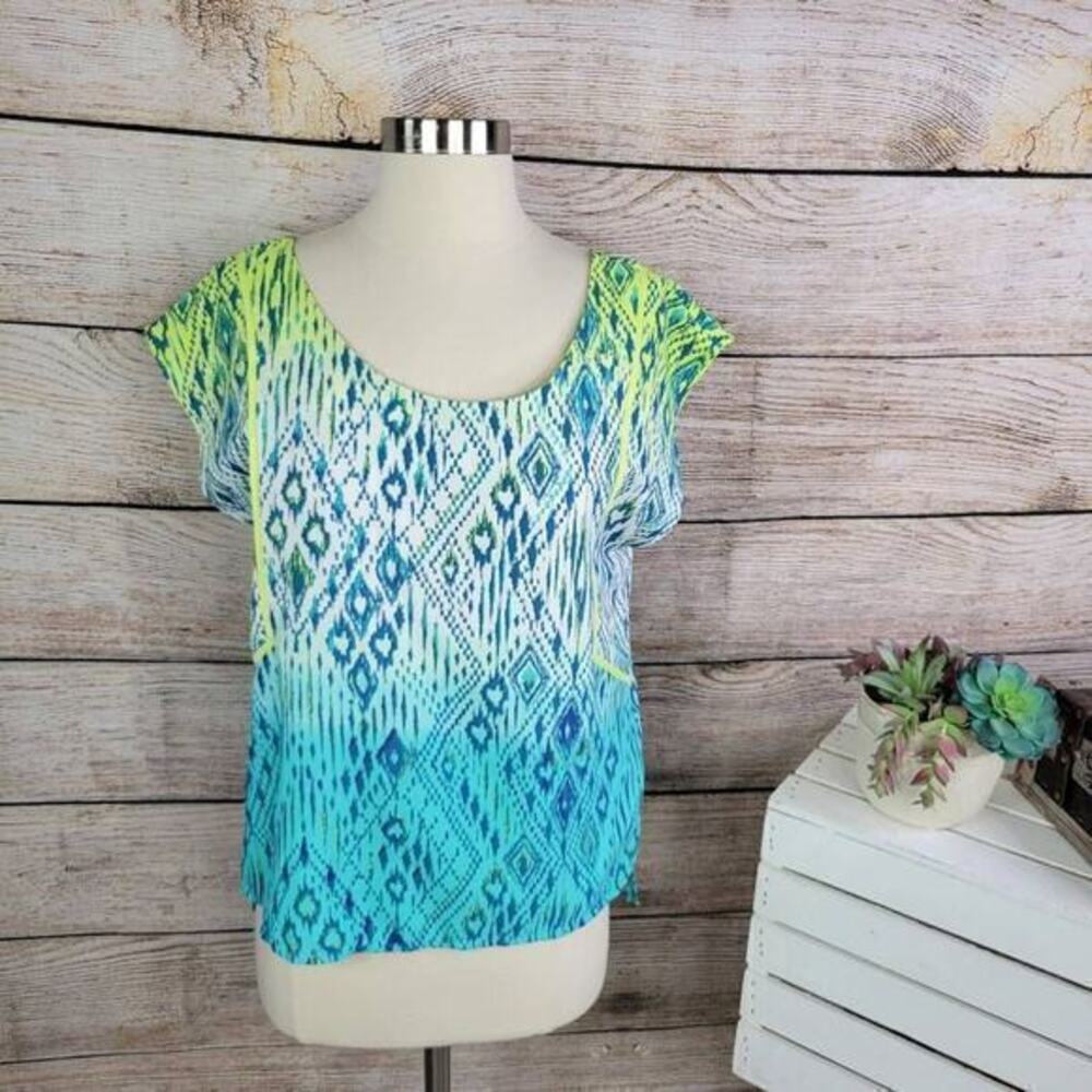 5/$25‎ American Eagle Cap Sleeve Neon Geometric Blue Green Top Size Small